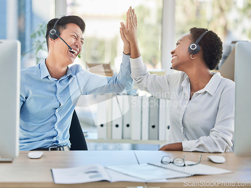 Image of Call center, high five and teamwork success, celebration and telemarketing deal, sales target and winner collaboration. Customer support workers celebrate goals, motivation and business trading bonus