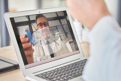 Image of Asthma, laptop and doctor consulting in video call for telehealth service, advisory and virtual help or support. Screen, cardiology zoom call and healthcare man with breathe product or medicine talk