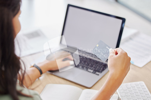 Image of Ecommerce, credit card and online shopping mockup of woman buying product from internet store, website and using laptop to place order. E commerce, digital retail and debit card fintech to pay on web