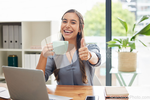 Image of Portrait, thumbs up or business woman with coffee, office or achievement for startup company or marketing strategy. Young female, ceo or entrepreneur with tea, hand gesture for application or success