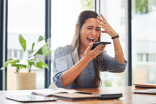 Image of Business woman, stress and phone call in office by angry employee shouting, frustrated or annoyed by phishing. Manager, anxiety and headache while talking on phone, pressure and burnout from deadline