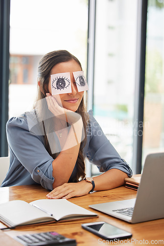 Image of Business, tired and woman with paper on eyes at her desk feeling overworked and burnout. Businesswoman, exhausted and fatigue with corporate job fail or stress and ready to sleep or nap at her desk