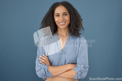 Image of Business fashion, confidence and portrait black woman with pride in career, job success or creative vision. Mock up worker, employee or clothes designer with crossed arms on mockup blue background