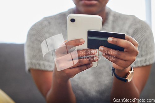 Image of Online shopping, phone and hands of black woman with credit card for 5g digital banking payment, fintech or financial sales. E commerce website, finance and customer with gift card for retail product