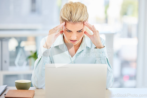 Image of Business woman, laptop and headache stress in marketing office fail, 404 software glitch or advertising mistake. Worker, creative designer and employee anxiety, mental health or burnout on technology