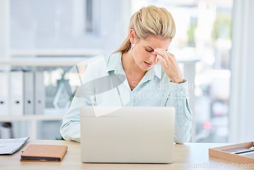 Image of Mental health, laptop and woman with burnout headache from feedback review of financial portfolio, investment research or trading report. Problem, economy and trader stress over stock market crash