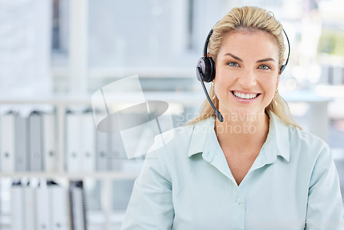 Image of Call center, smile and portrait of telemarketing worker, customer support and consultant advice at crm company. Contact us, customer service and employee consulting online at a communication business