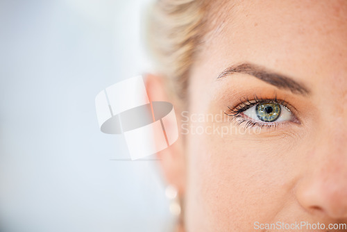 Image of Half face, eyes and woman with mockup, focus and vision, awareness and natural cosmetics in Ireland. Closeup portrait of female, lady and seeing human with mock up, healthy perception and eye test