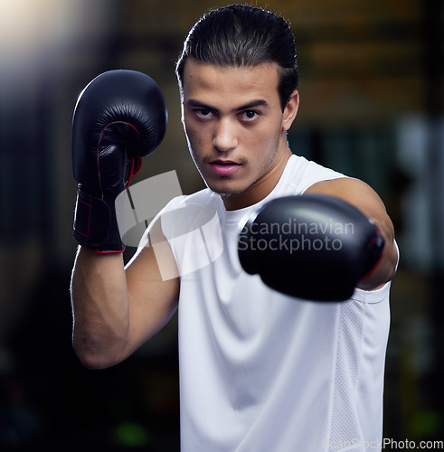 Image of Gym, fitness and portrait of man boxing with focus and motivation for health, training and self defense. Workout goals, exercise and wellness, strong boxer at city studio or club with boxing gloves.