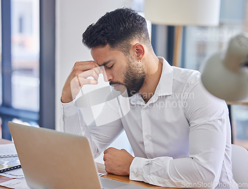 Image of Headache, business man and work stress of a employee working on a computer glitch and audit. Anxiety, fatigue and burnout of a accounting businessman with 404 problem on office laptop on tax website