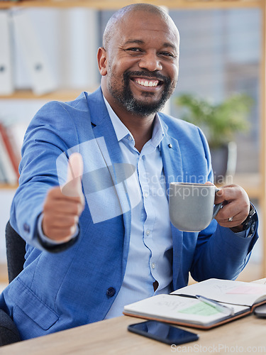 Image of Business, thumbs up and black man with coffee, office and success for marketing strategy. Male entrepreneur, ceo or leader with tea, hand gesture for startup company or planning for project and smile