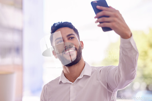 Image of Businessman, phone and smile for selfie, profile and social media post or communication in the outdoors. Happy employee man holding mobile smartphone smiling for photo, capture or new job outside
