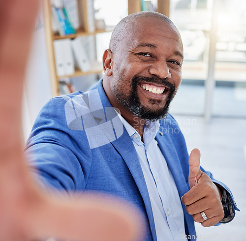 Image of Black man, business selfie and thumbs up with a smile and pride for success, achievement and sales profit on a corporate deal. Happy and excited entrepreneur leader with hand for thank you update