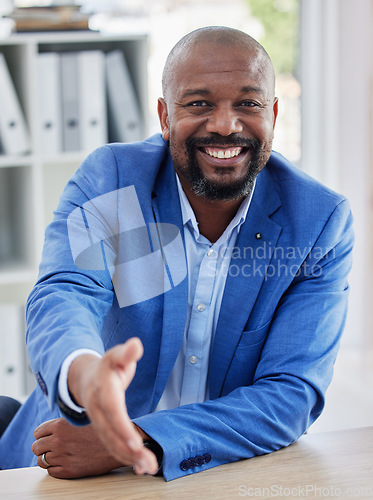 Image of Welcome, black ceo man and happy portrait in office for introduction, business meeting and partnership collaboration. Onboarding interview, shaking hands and african businessman smile for thank you