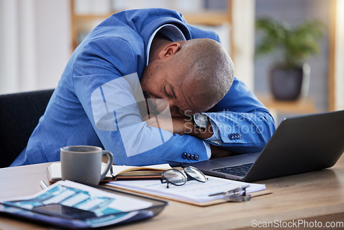 Image of Tired, professional burnout and black man sleep at desk, mental health and depression with sick businessman, corporate and exhausted. Sleeping, work and insomnia, business, fatigue and rest in office