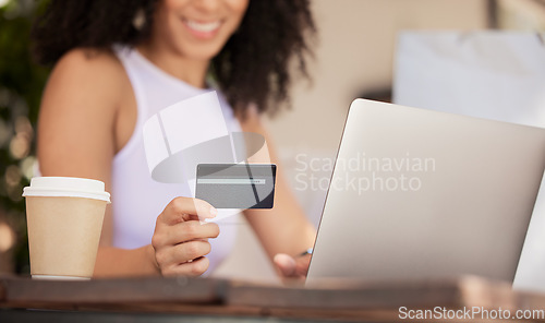 Image of Online shopping, smile and woman with laptop and credit card surfing internet for Christmas gift in cafe. Ecommerce, shopping and black woman in coffee shop on online search for discount retail sale.