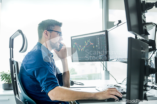 Image of Stock broker trading online watching charts and data analyses on multiple computer screens.