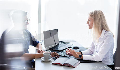 Image of Business meeting. Client consulting. Confident business woman, real estate agent, financial advisor explaining details of project or financial product to client in office.