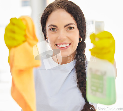 Image of Woman, hands and smile with cleaning tools for disinfection, hygiene or domestic house work. Portrait of happy female cleaner holding cloth and spray bottle detergent for clean anti bacteria at home