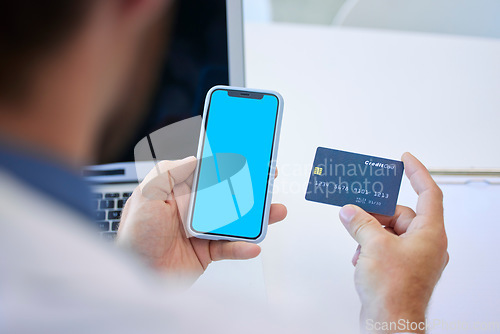 Image of Mand hand, credit card and phone screen with mockup space for marketing, advertising and logo branding at desk. Male hands, mobile smartphone and online shopping, web banking and internet payment