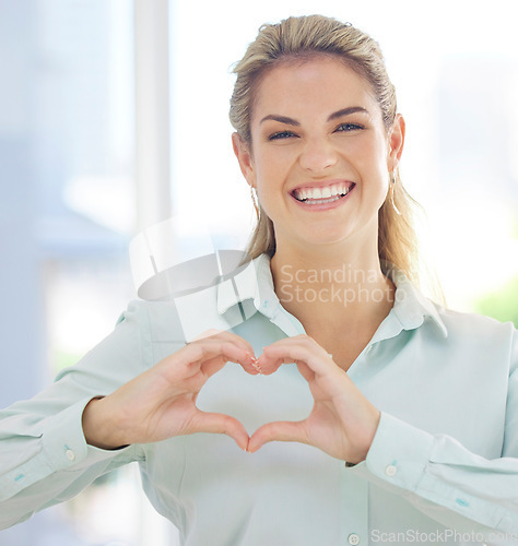 Image of Portrait, woman and heart sign with smile, support and relax for wellness, success and ceo. Female, entrepreneur and lady with hand gesture for love, happiness and confident for solidarity and peace.