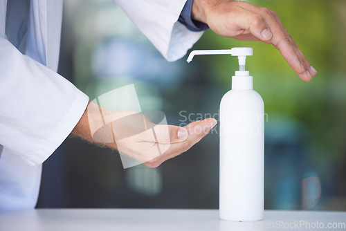 Image of Compliance, cleaning or hands with sanitizer for bacteria to stop dusty, messy or dirty fingers spread a virus. Zoom, doctor or healthcare worker hand washing with liquid soap in spray bottle at job