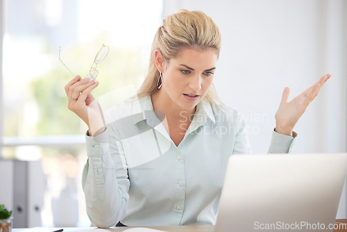 Image of Frustrated, woman and laptop glitch or stress working in office for corporate news, stock market crash or 404 website crisis on computer. Business, manager and pc error or fintech compliance risk