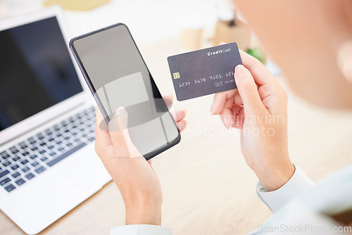 Image of Businesswoman, phone and credit card for online ecommerce payment and bills. Budget, buying and mobile banking with fintech and debit card for online shopping and e commerce pay on tech