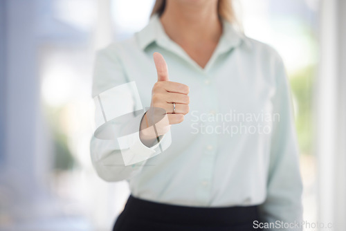 Image of Business woman, hand and thumbs up for yes, good job or corporate success at the workplace. Female showing great thumbsup gesture or sign in congratulations, approval or good news at the office