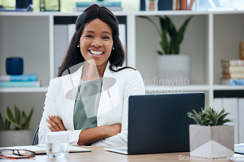 Image of Face, leadership and black woman with arms crossed in office ready for tasks, goals and targets. Boss, ceo and portrait of happy manager from Nigeria at desk with vision, smile and success mindset.