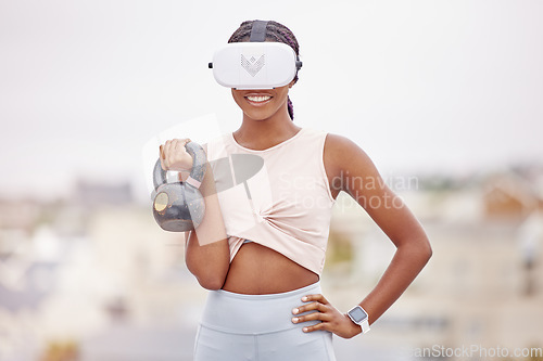 Image of Woman, kettlebell or virtual reality headset in workout, training or exercise in city on fitness software, esports or metaverse challenge. Smile, happy or sports person in vr futuristic weightlifting