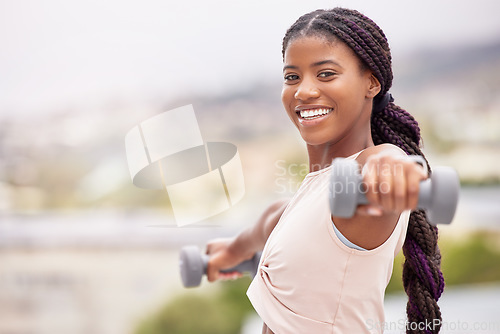 Image of Black woman, smile and dumbbell workout outdoor for fitness training, sports exercise and healthy body lifestyle. Bodybuilder challange, wellness motivation and athlete african woman happy portrait