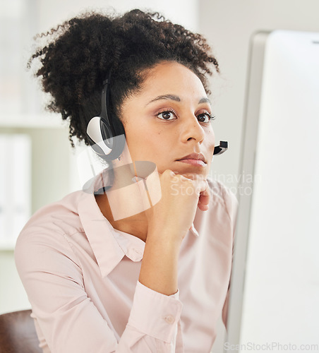 Image of Call center, sad and black woman reading email, consulting anxiety and thinking with a telemarketing computer. Mental health, crm and customer service worker giving advice as a consultant online