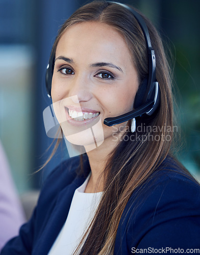 Image of Call center, telemarketing and portrait of a woman consultant offering contact us advice. Customer support, customer service and female professional sales operator in an advisory agency at help desk