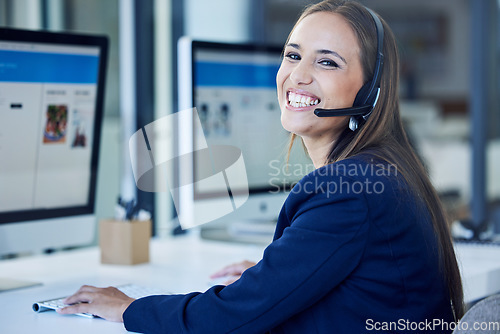 Image of Call center, portrait and woman on computer screen for telemarketing, virtual assistant and website user experience support. Telecom, information technology and face of happy business worker at desk