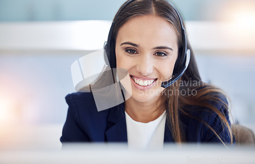 Image of Crm, contact us or woman in a telemarketing call center consulting, communication or helping with loan advice. Finance, smile or happy employee talking, conversation or speaking to client for sales