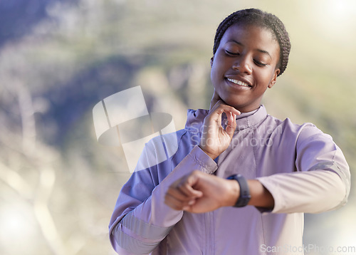 Image of Heart rate, smartwatch and running with black woman in nature for cardio, progress and goal tracker. Fitness, time and endurance with girl runner checking pulse with watch for marathon training