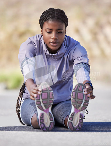 Image of Exercise, black woman and stretching outdoor for wellness, health and fitness. Nigerian female, healthy lady and athlete training, workout and sports for power, practice or cardio for energy or relax