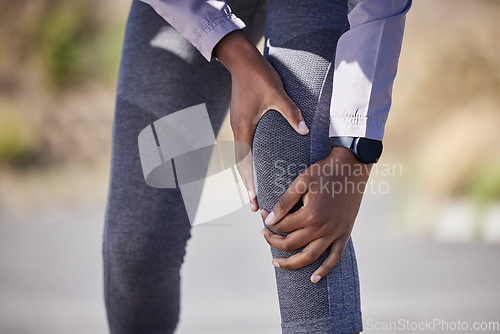 Image of Fitness, sports and black woman with knee pain at running workout. Exercise, pain and woman with hand on leg for muscle massage, physical therapy for sports injury on knee and accident while training