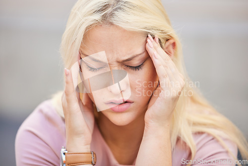 Image of Headache, stress and frustrated with woman in pain suffering with anxiety, depression and burnout fatigue. Mental health, sad and migraine with face of worried girl for sick, mistake and exhausted