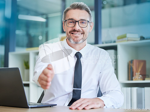 Image of Businessman, handshake and portrait smile for welcome, greeting or introduction at office. Happy senior employee accountant with laptop and hand gesture for shaking hands, deal or agreement