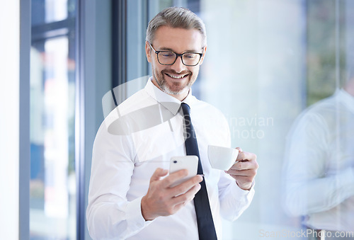 Image of Phone, coffee and happy businessman in office scrolling on social media, mobile app or the internet. Technology, professional and male manager, leader or boss reading blog on cellphone in workplace.