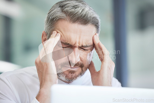 Image of Headache, work stress and burnout of a business man with a 404 computer glitch in a office. Anxiety, head pain and web mistake of a accounting tax manager with laptop problem of a digital audit