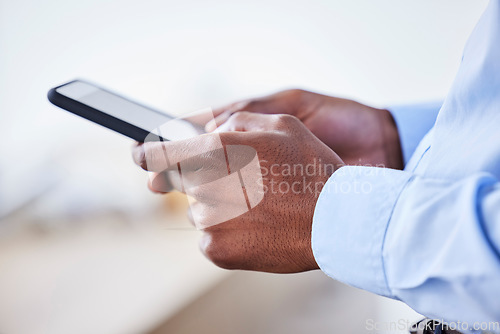 Image of Hands, smartphone and typing for social media, communication or search internet. Closeup, phone or connection for online reading, chatting or website to check email, texting or posting with cellphone
