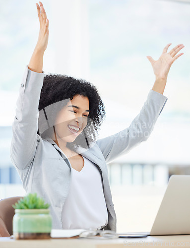 Image of Laptop, happy celebration and black woman excited with achievement of kpi target goals, finance profit or stock market growth. Crypto trading, economy and trader celebrate bitcoin investment success