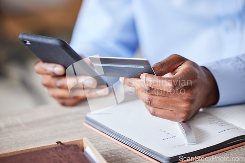 Image of Businessman, hands and credit card, smartphone banking or ecommerce accounting of investment, budget or fintech finance at office desk. Closeup financial worker, online shopping or mobile app payment