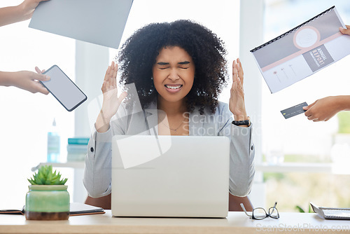 Image of Stress, headache and black woman in a meeting, corporate chaos and tired from working in management. Business burnout, sad and manager crying, frustrated and angry with anxiety from career as a boss