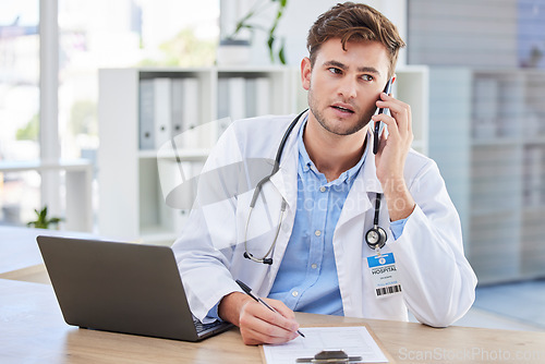 Image of Phone call, laptop and medical with doctor writing in office for schedule, consulting and life insurance. Checklist, agenda and application with man and paperwork for healthcare, data and pharmacy