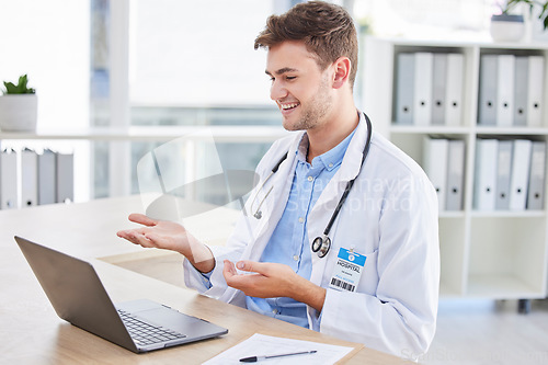 Image of Laptop, consulting or doctor on a video call for an online meeting with an expert talking about surgery advice. Communication, virtual or happy healthcare worker speaking of medical goals or vision