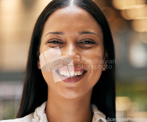 Image of Portrait, happy and mindset with a black woman smiling while feeling cheerful, carefree or positive closeup. Face, smile and happiness with an attractive young female standing alone in jamaica